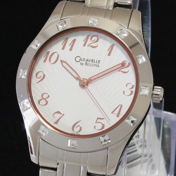 Caravelle Ladies Watch Crystal Studded Bezel Textured Dial Rose Hands 32mm main image 9
